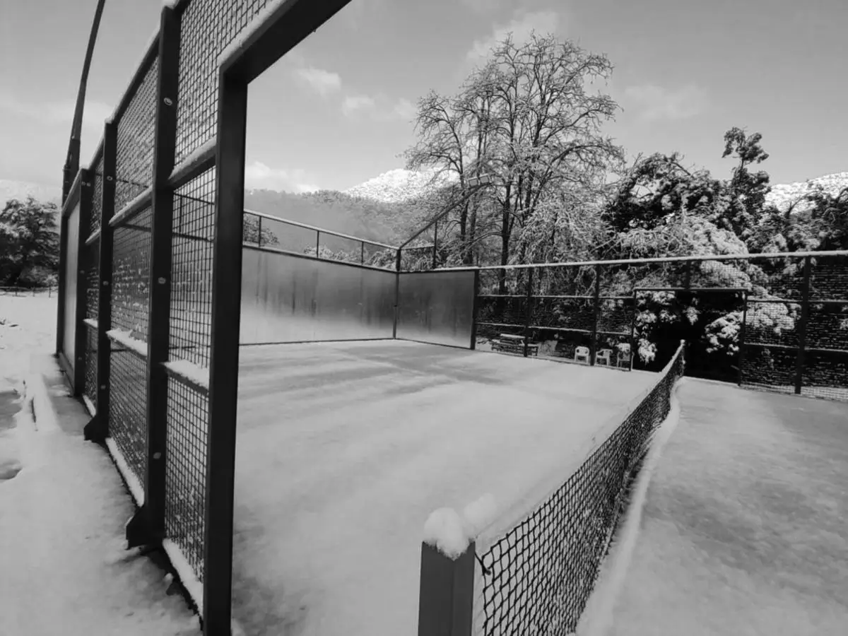 Snow-covered padel court in winter, surrounded by snowy trees and mountains in the background, with a net in the foreground.